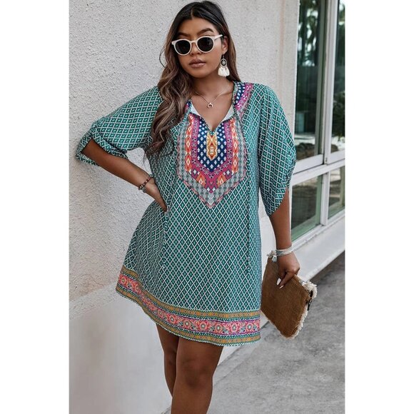 Womens Plus Size V-Neck Printed Loose Fit Midi Dress - Picture 3 of 3
